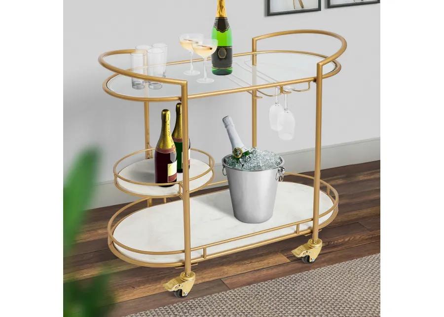 33 Inch Serving Cart, 3 Tier Glass and Marble Shelves, Gold Iron Frame, Lockable Casters - Benzara