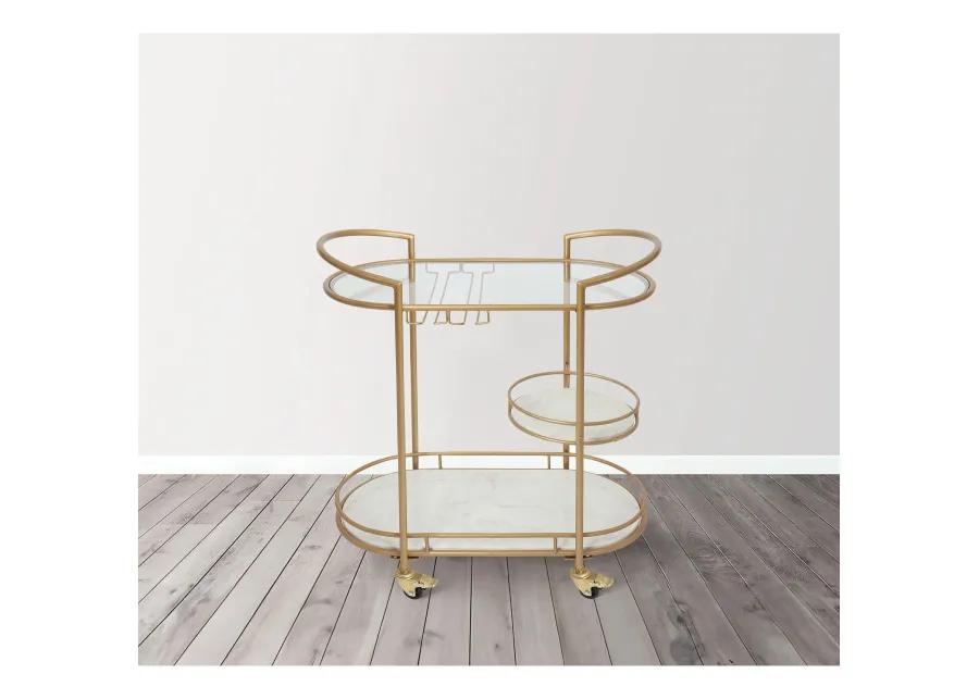 33 Inch Serving Cart, 3 Tier Glass and Marble Shelves, Gold Iron Frame, Lockable Casters - Benzara