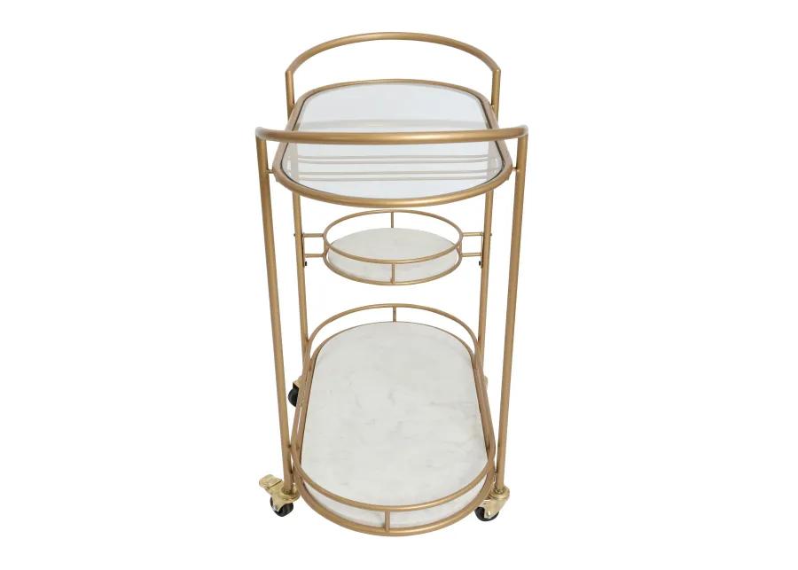 33 Inch Serving Cart, 3 Tier Glass and Marble Shelves, Gold Iron Frame, Lockable Casters - Benzara