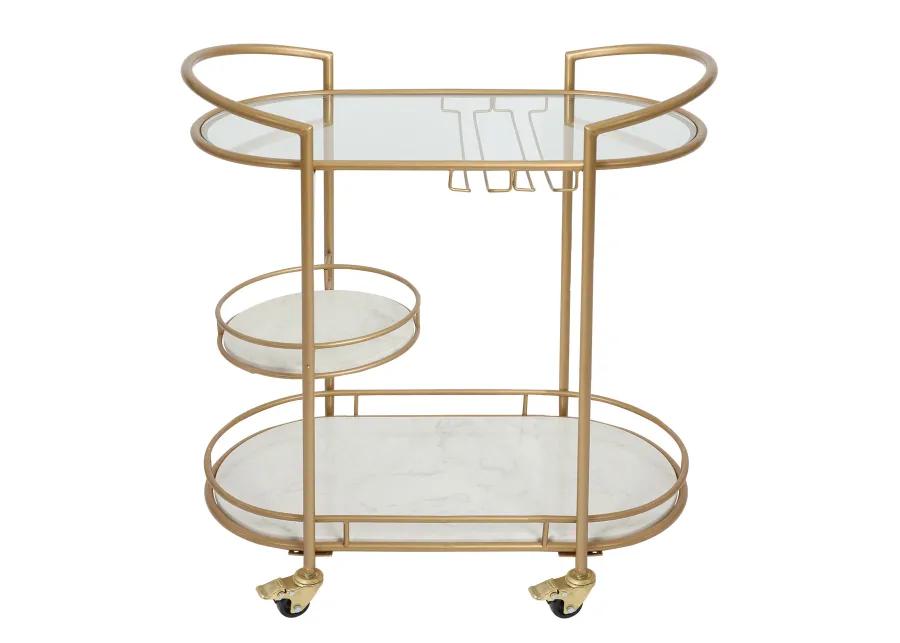 33 Inch Serving Cart, 3 Tier Glass and Marble Shelves, Gold Iron Frame, Lockable Casters - Benzara