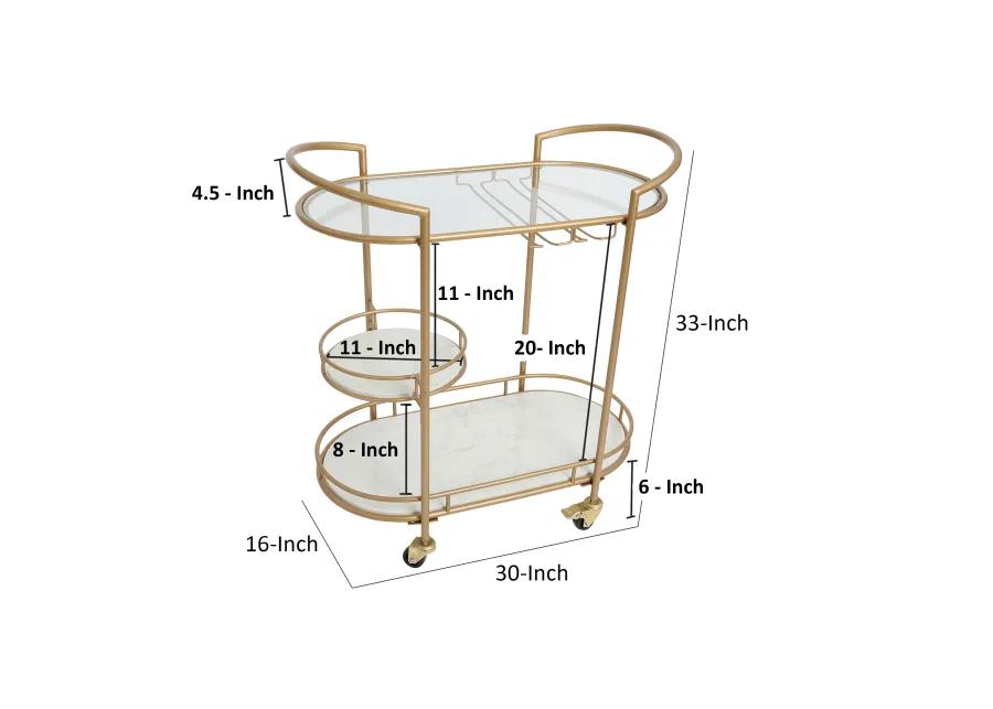 33 Inch Serving Cart, 3 Tier Glass and Marble Shelves, Gold Iron Frame, Lockable Casters - Benzara