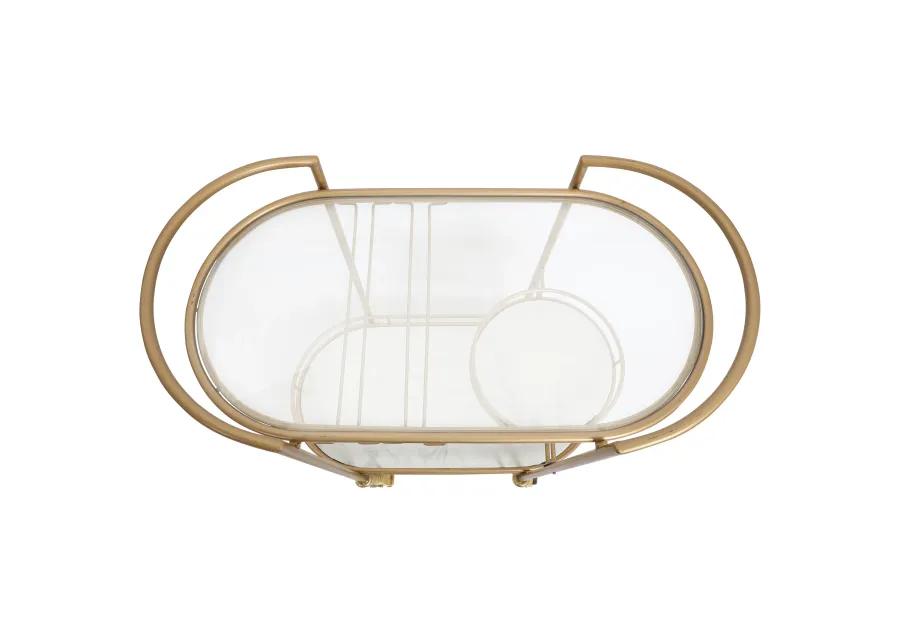 33 Inch Serving Cart, 3 Tier Glass and Marble Shelves, Gold Iron Frame, Lockable Casters - Benzara