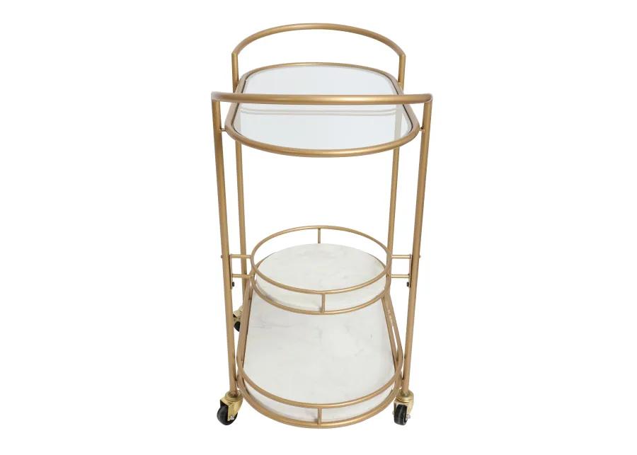 33 Inch Serving Cart, 3 Tier Glass and Marble Shelves, Gold Iron Frame, Lockable Casters - Benzara