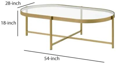 Coffee Table with Oblong Glass Top and Metal Frame, Gold-Benzara