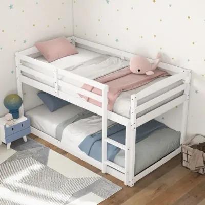 Twin Size Bunk Bed with High Guardrails and Integrated Ladder-White