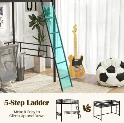 Twin Metal Loft Bed Frame with Ladder and Metal Slats Support-Black