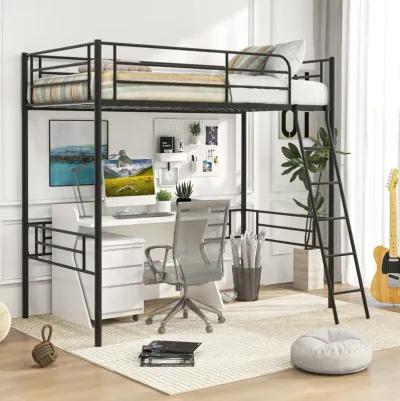 Twin Metal Loft Bed Frame with Ladder and Metal Slats Support-Black