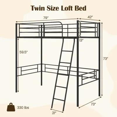 Twin Metal Loft Bed Frame with Ladder and Metal Slats Support-Black