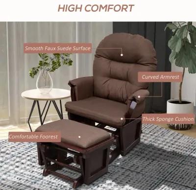 HOMCOM Nursery Glider Rocking Chair with Ottoman, Thick Padded Cushion Seating and Wood Base, Brown