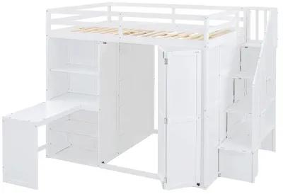 Merax Storage Loft Bed with Wardrobe,Desk and Shelves