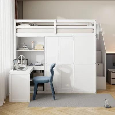 Merax Storage Loft Bed with Wardrobe,Desk and Shelves