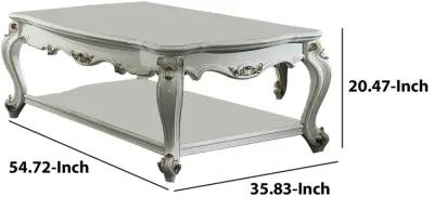 Traditional Style Wooden Coffee Table with Polyresin Carvings and Bottom Shelf, White-Benzara