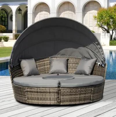 Mocha Brown Sun Lounge: 4-Piece Woven Rattan Canopied Daybed Set