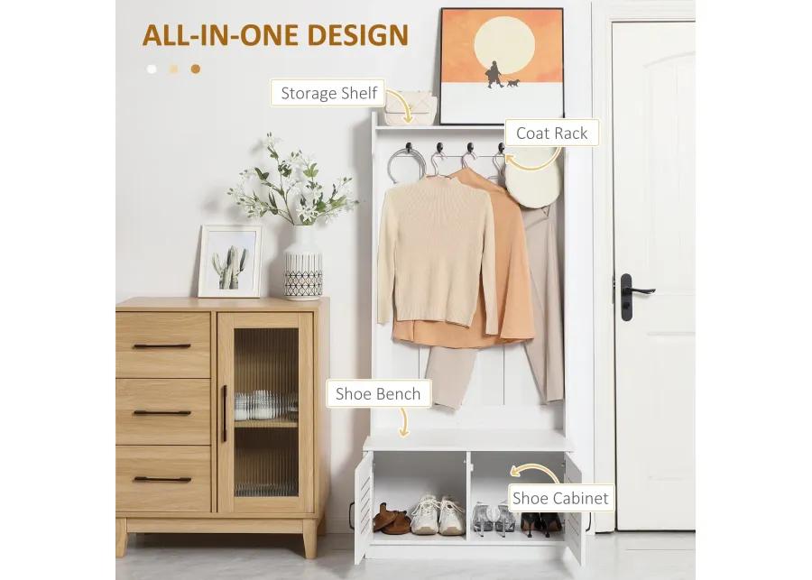 White Entryway Organizer: Modern Hall Tree with Bench & Hooks