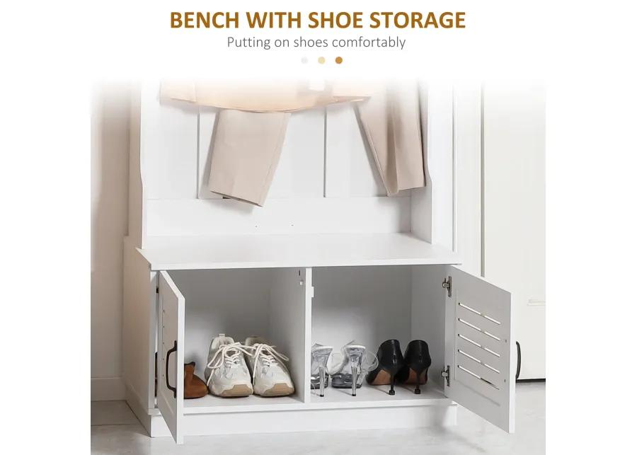 White Entryway Organizer: Modern Hall Tree with Bench & Hooks