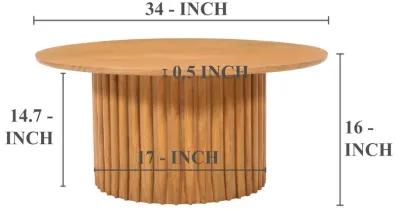 Sejo Coffee Table, 34 Inch Round Top with Fluted Base in Natural Brown Mango Wood - Benzara