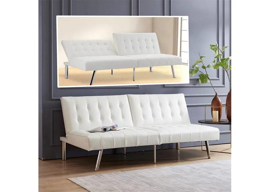 Hivvago Mid Century Modern Split Back Futon Sleep Sofa Bed in White Faux Leather