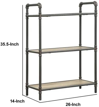 Three Tier Metal Bookshelf With Wooden Shelves, Oak Brown & Gray-Benzara