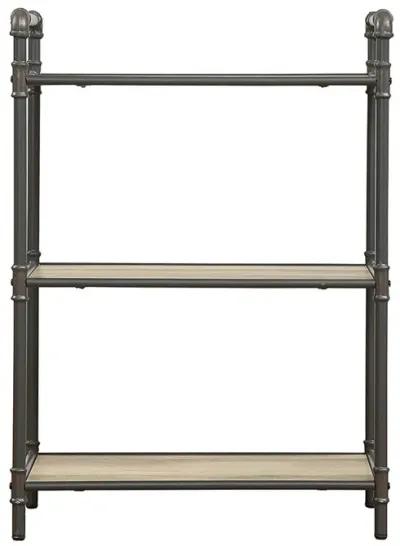 Three Tier Metal Bookshelf With Wooden Shelves, Oak Brown & Gray-Benzara