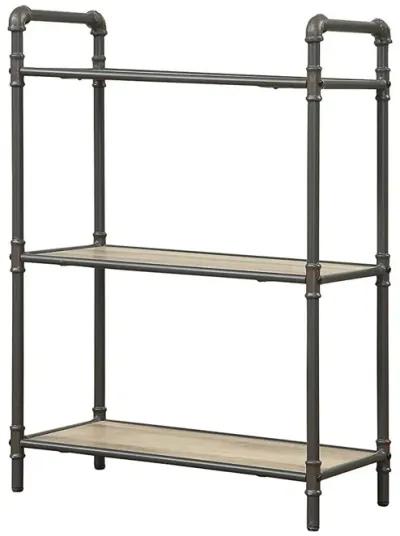 Three Tier Metal Bookshelf With Wooden Shelves, Oak Brown & Gray-Benzara