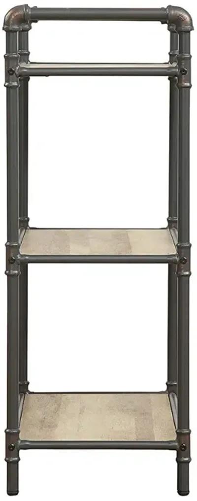 Three Tier Metal Bookshelf With Wooden Shelves, Oak Brown & Gray-Benzara