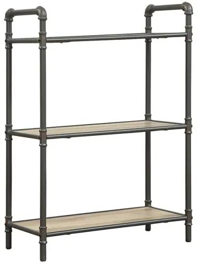 Three Tier Metal Bookshelf With Wooden Shelves, Oak Brown & Gray-Benzara