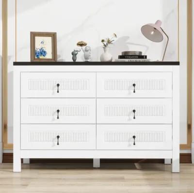 Fluted Dressers & Bedroom Chest of Drawers, 6 Drawer Dresser Wood, 47.2" Natural Wood Dresser for Nursery, Wooden Chest of Drawers, White and Black Modern Dresser