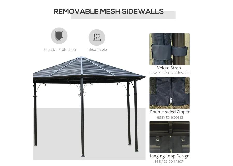 Black Outdoor Pavilion: 13'x13' Steel Hexagonal Gazebo with Netting