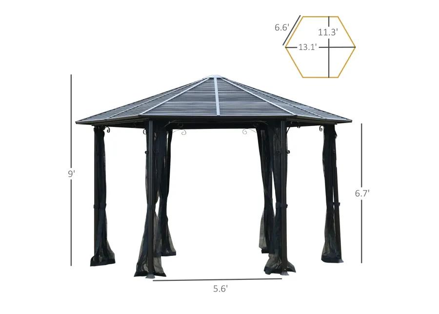 Black Outdoor Pavilion: 13'x13' Steel Hexagonal Gazebo with Netting