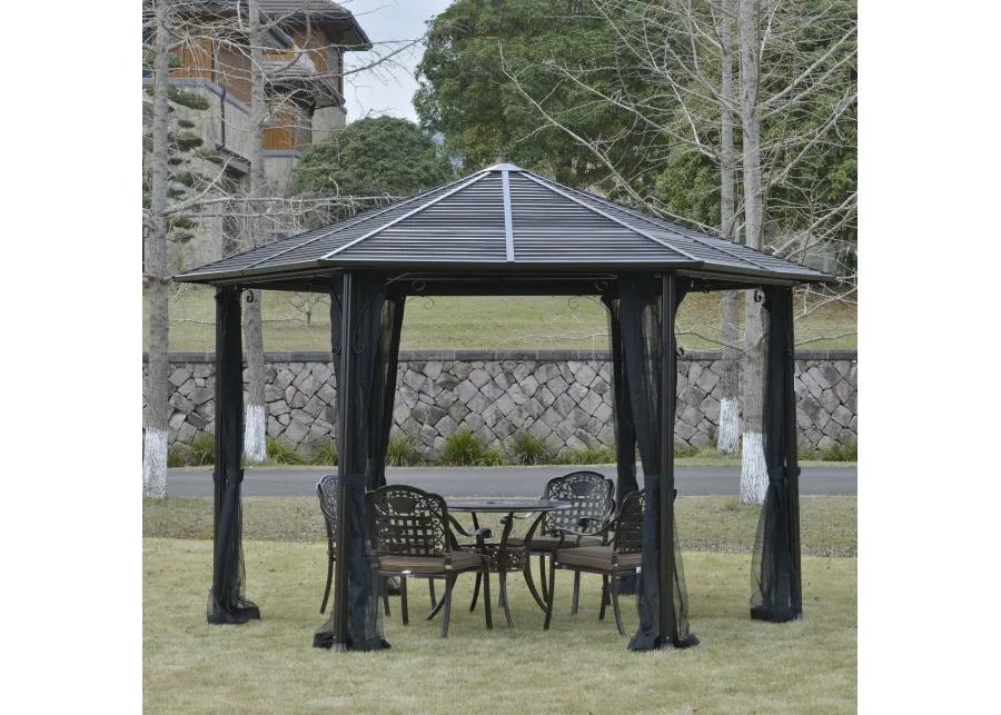 Black Outdoor Pavilion: 13'x13' Steel Hexagonal Gazebo with Netting