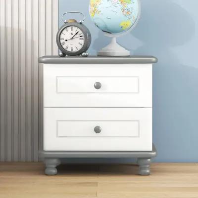 Wooden Nightstand With Two Drawers For Kids, End Table For Bedroom, White+Gray