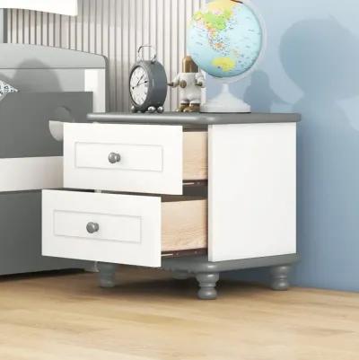 Wooden Nightstand With Two Drawers For Kids, End Table For Bedroom, White+Gray