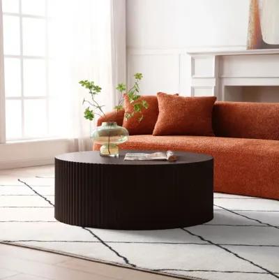 Artisanal Round MDF Coffee Table With Handcrafted Relief And Stunning Painting Finish, Brown