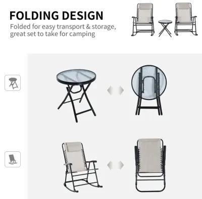 Cream Outdoor Ensemble: 3-Piece Folding Rocking Set with Glass Table