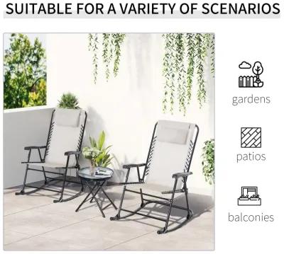 Cream Outdoor Ensemble: 3-Piece Folding Rocking Set with Glass Table