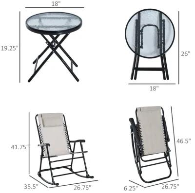 Cream Outdoor Ensemble: 3-Piece Folding Rocking Set with Glass Table