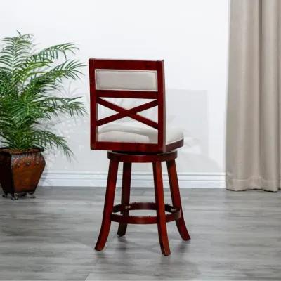 24" Counter Height X-Back Swivel Stool, Cherry Finish, Beige Fabric Seat