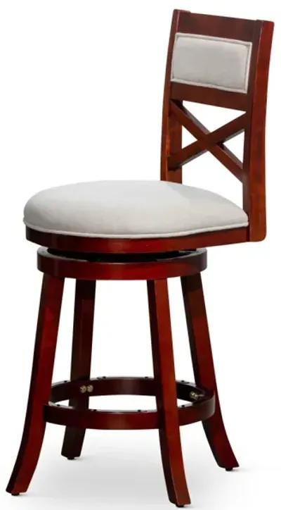 24" Counter Height X-Back Swivel Stool, Cherry Finish, Beige Fabric Seat