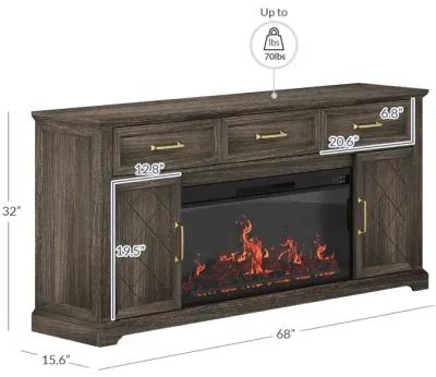 BELLEZE 68 Inch Fireplace TV Stand with 36" Electric Fireplace, Entertainment Center With Storage Cabinet Up to 75", Media Console Farmhouse TV Stand with 3 Drawers for Living Room, Bedroom (Brown)