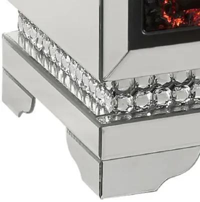 Electric Fireplace with Mirror Panel Framing and Faux Diamonds, Silver-Benzara