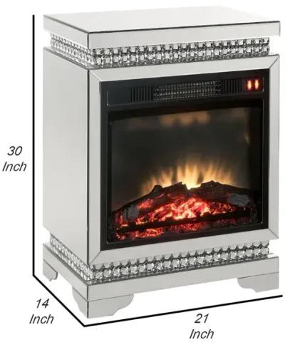 Electric Fireplace with Mirror Panel Framing and Faux Diamonds, Silver-Benzara