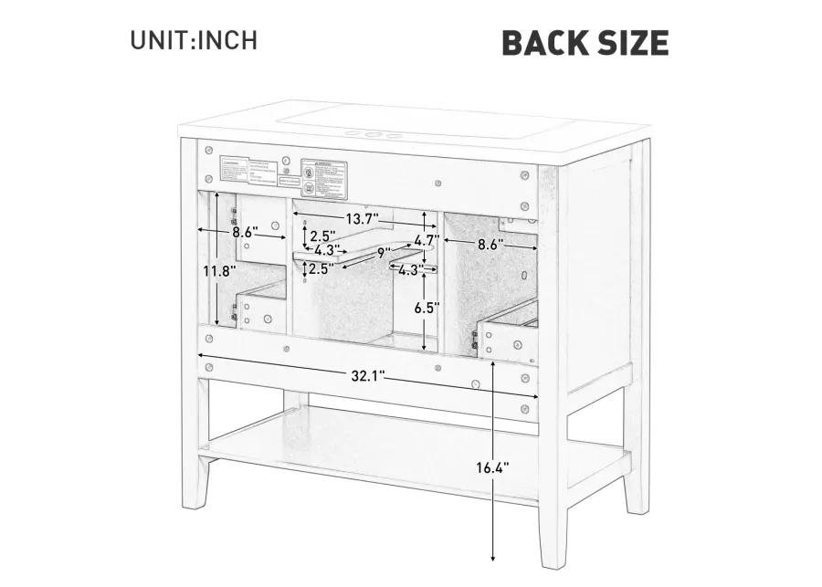 36" Bathroom Vanity Without Sink, Cabinet Base Only, One Cabinet And Three Drawers