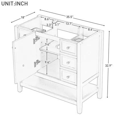 36" Bathroom Vanity Without Sink, Cabinet Base Only, One Cabinet And Three Drawers