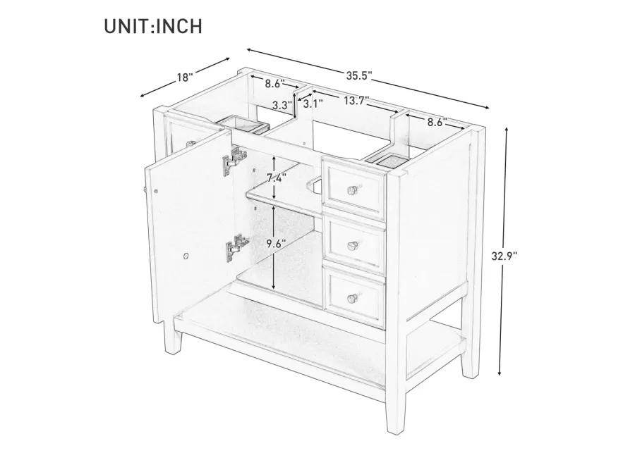 36" Bathroom Vanity Without Sink, Cabinet Base Only, One Cabinet And Three Drawers