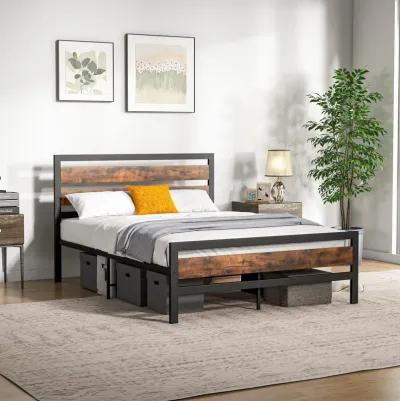 Industrial Bed Frame with Rustic Headboard and Footboard-Queen Size