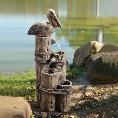 Teamson Home Outdoor Tiered Pelican and Wooden Post Waterfall Fountain, Brown