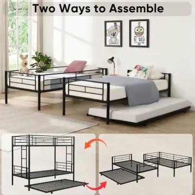 Metal bunk bed with trundle, twin over twin