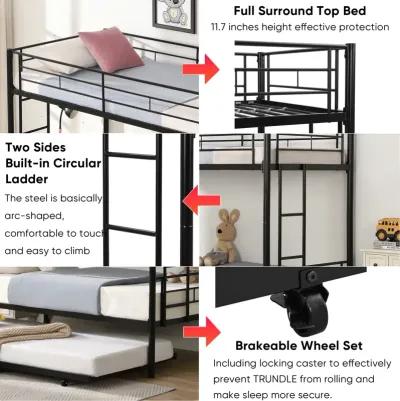 Metal bunk bed with trundle, twin over twin