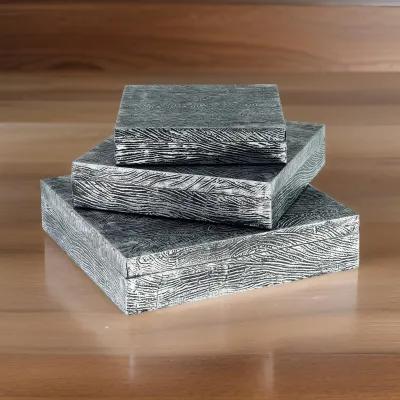 Lida Decorative Storage Box Set of 3, Wood and Pewter Gray Metal Finish - Benzara