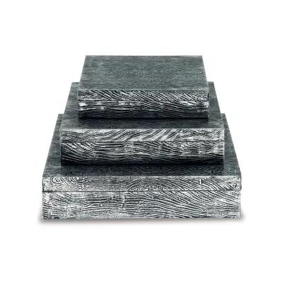 Lida Decorative Storage Box Set of 3, Wood and Pewter Gray Metal Finish - Benzara